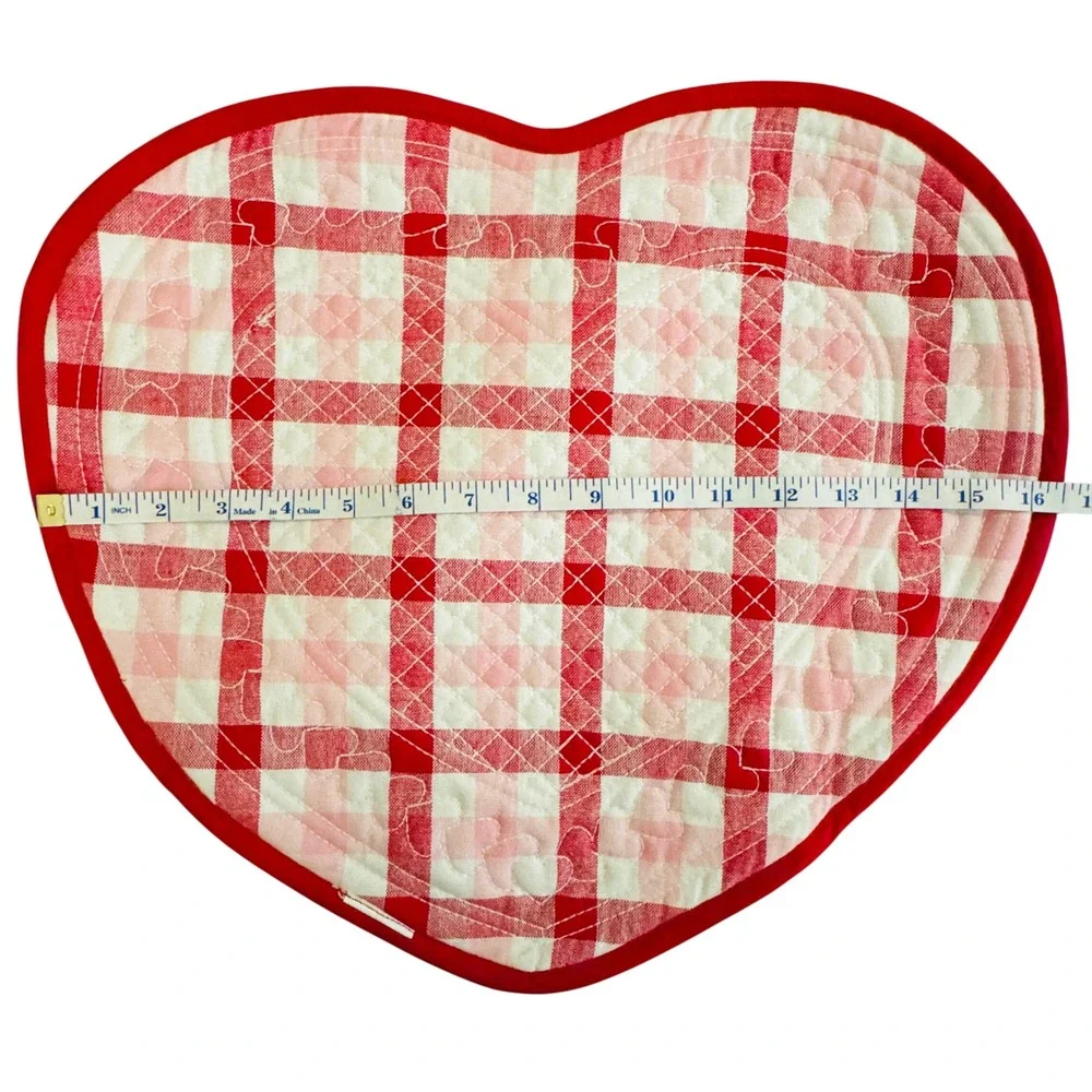 Set 4 Heart Placemat Reversible‎ Red Gingham Quilted Valentine Country Farmhouse